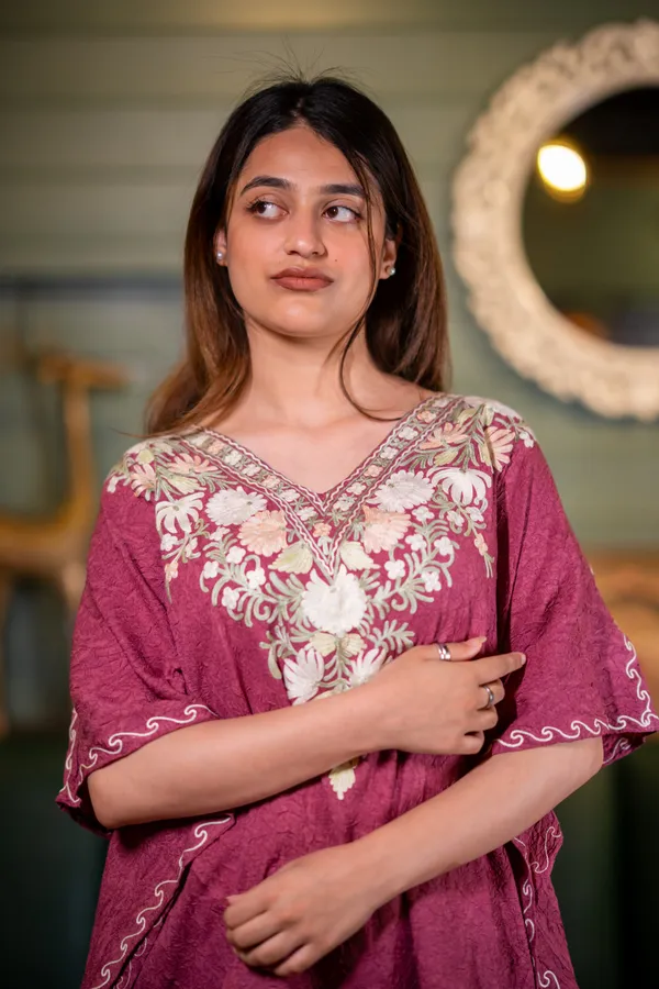 Plum_Short_Summer_Cool_Kashmiri_Aari_Embroidery_Crushed_Kaftaan_Cord_Set