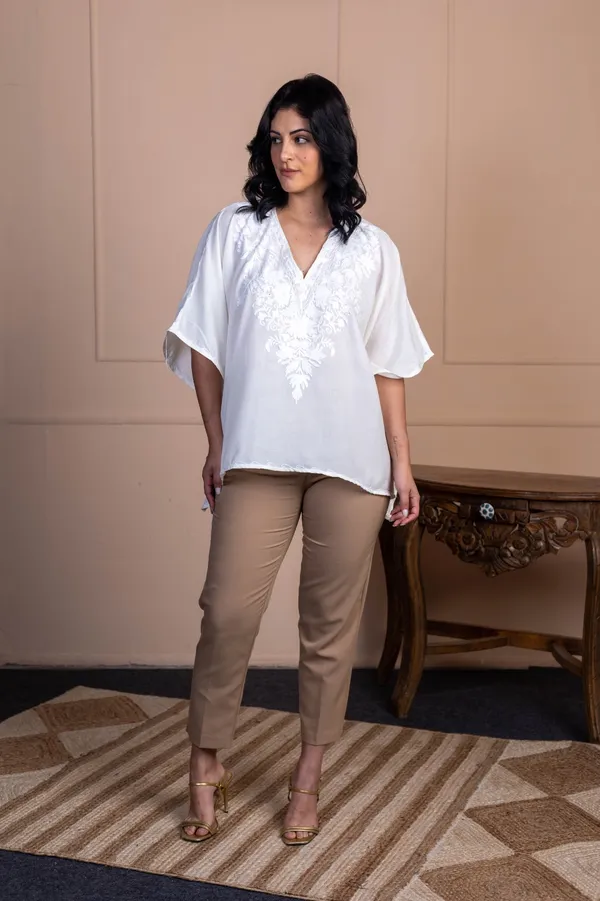 White_Summer_Cool_Kashmiri_Aari_Embroidery_Short_Kaftan_For_Women