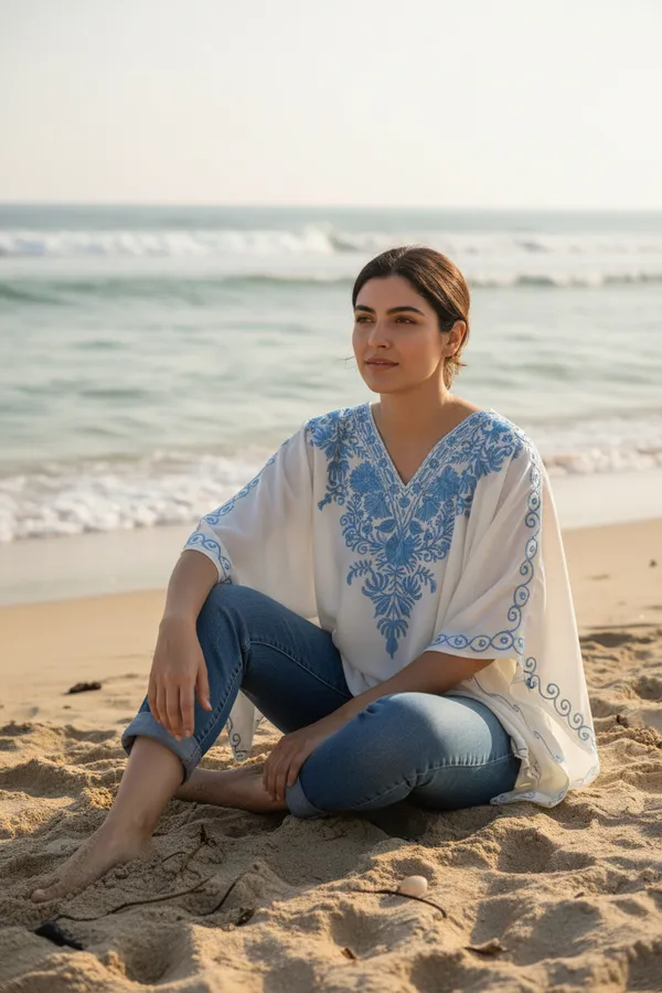 White_Summer_Cool_Kashmiri_Aari_Embroidery_Short_Kaftaan