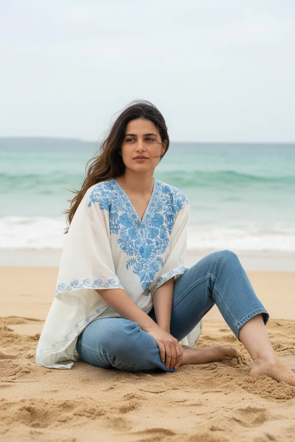 White_Summer_Cool_Kashmiri_Aari_Embroidery_Short_Kaftaan