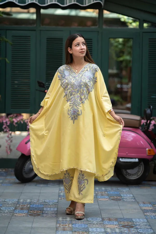 Pale_Yellow_Summer_Cool_Kashmiri_Aari_Embroidery_Kaftaan_Cord_Set
