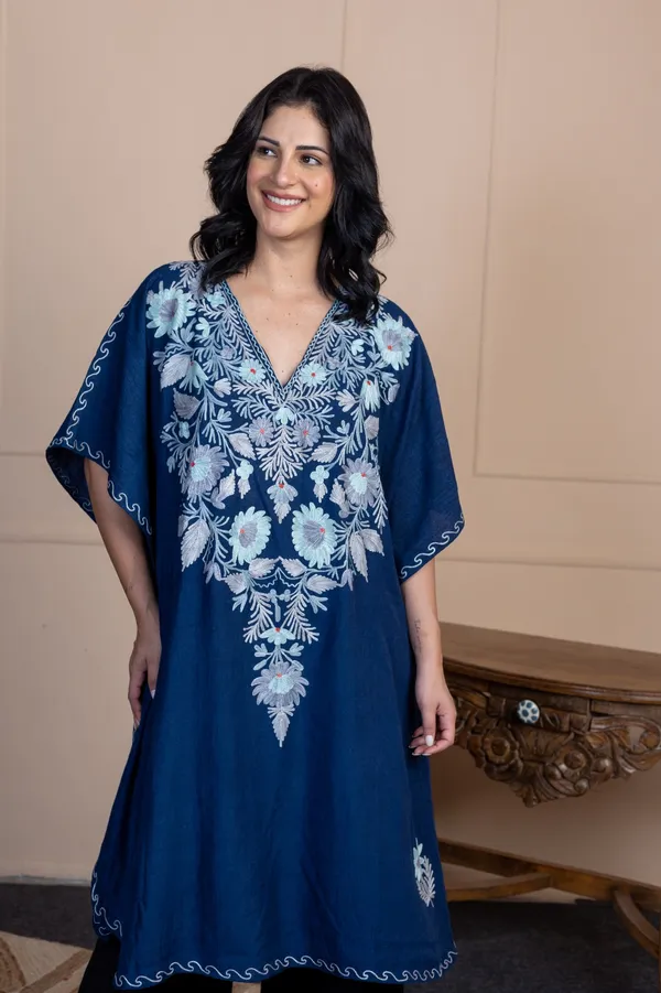 Navy_Blue_Summer_Cool_Kashmiri_Aari_Embroidery_Long_Kaftan_For_Women