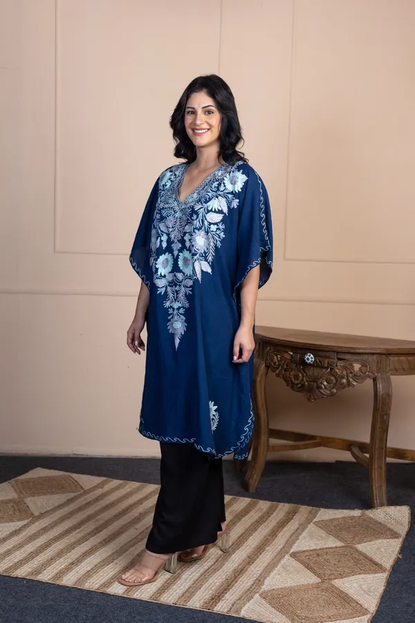 Navy_Blue_Summer_Cool_Kashmiri_Aari_Embroidery_Long_Kaftan_For_Women