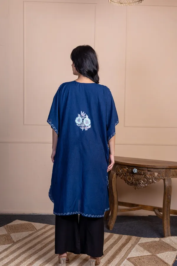Navy_Blue_Summer_Cool_Kashmiri_Aari_Embroidery_Long_Kaftan_For_Women