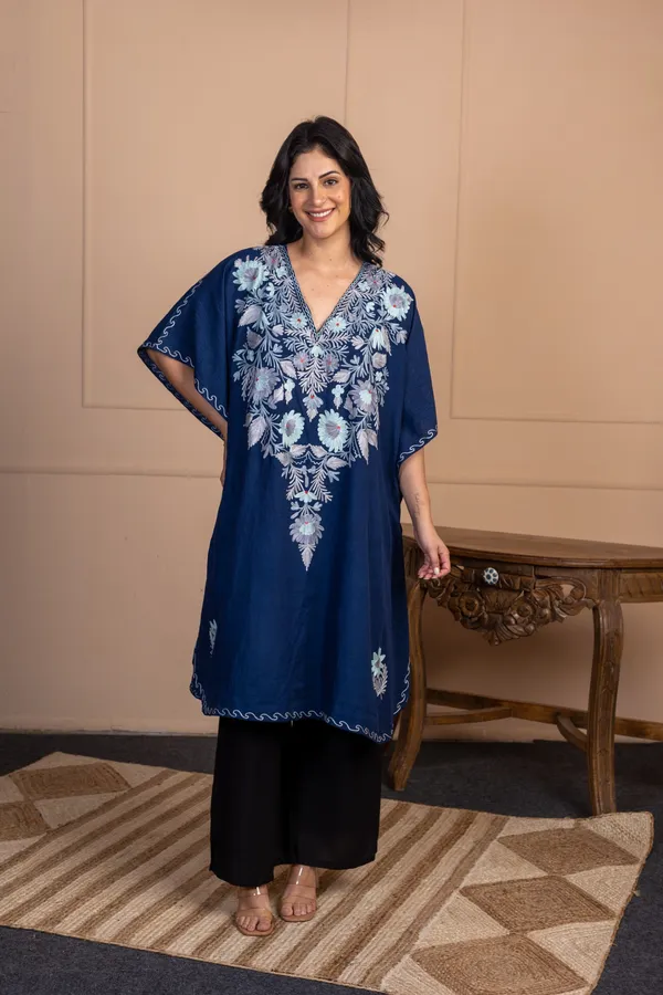 Navy_Blue_Summer_Cool_Kashmiri_Aari_Embroidery_Long_Kaftan_For_Women