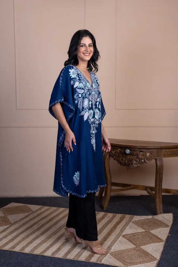Navy_Blue_Summer_Cool_Kashmiri_Aari_Embroidery_Long_Kaftan_For_Women