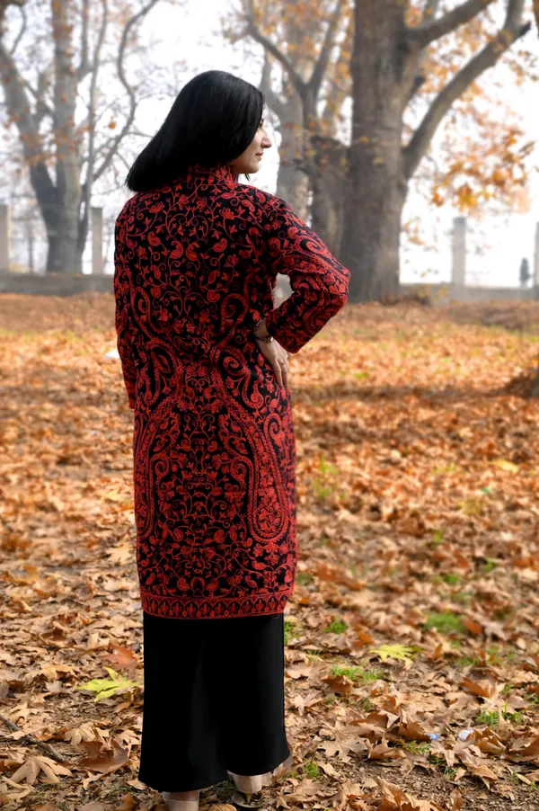 Black_Wool_Kashmiri_Long_Coat_With_Red_Aari_Embroidery_Long_Coat_For_Women