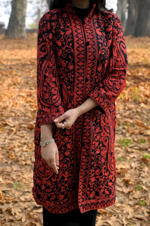 Black_Wool_Kashmiri_Long_Coat_With_Red_Aari_Embroidery_Long_Coat_For_Women
