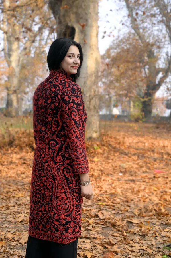 Black_Wool_Kashmiri_Long_Coat_With_Red_Aari_Embroidery_Long_Coat_For_Women