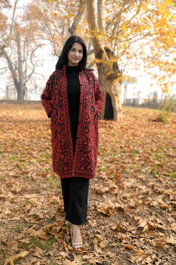 Black_Wool_Kashmiri_Long_Coat_With_Red_Aari_Embroidery_Long_Coat_For_Women