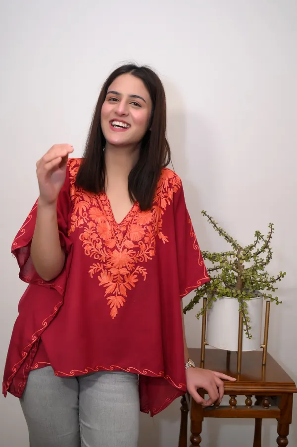 Red_Summer_Cool__Kashmiri_Aari_Embroidery_Short_Kaftaan
