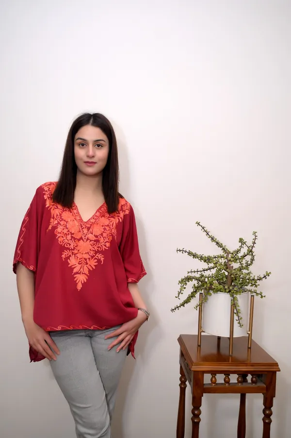 Red_Summer_Cool__Kashmiri_Aari_Embroidery_Short_Kaftaan