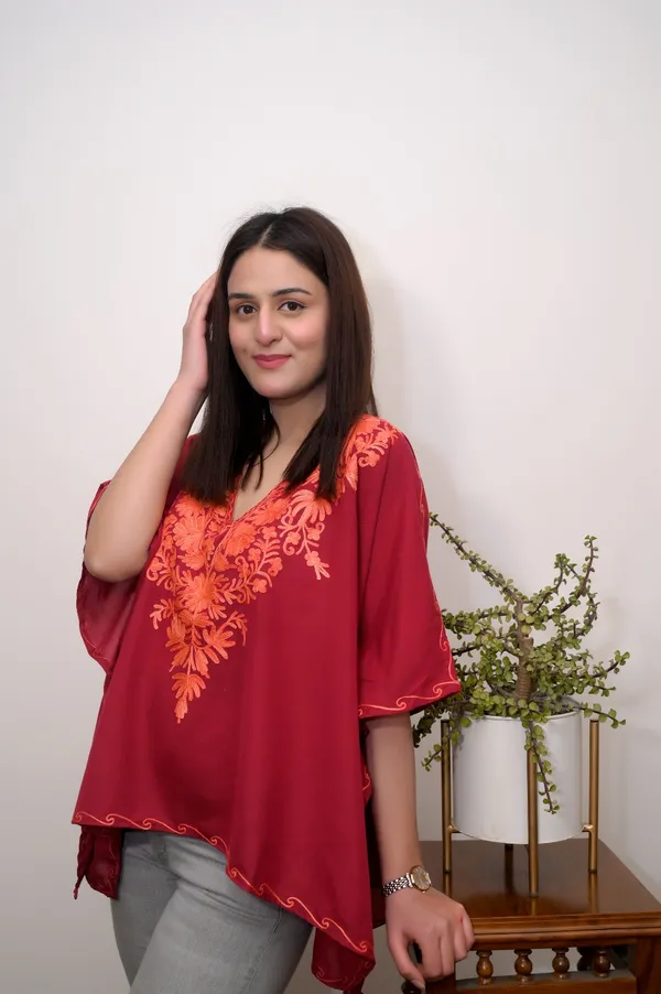 Red_Summer_Cool__Kashmiri_Aari_Embroidery_Short_Kaftaan