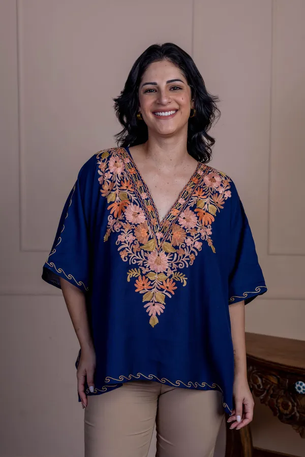 Navy_Blue_Summer_Cool_Kashmiri_Aari_Embroidery_Short_Kaftan_For_Women