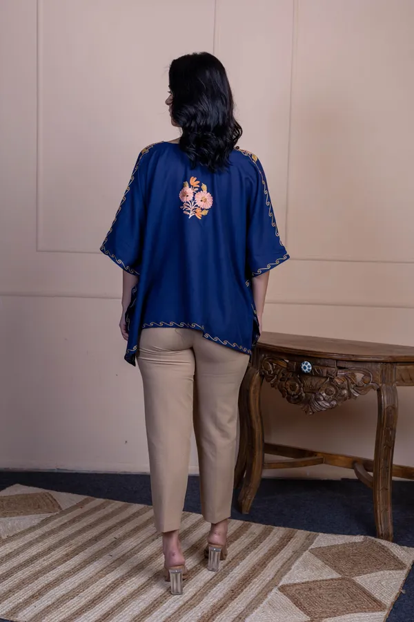 Navy_Blue_Summer_Cool_Kashmiri_Aari_Embroidery_Short_Kaftan_For_Women