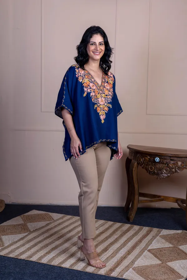 Navy_Blue_Summer_Cool_Kashmiri_Aari_Embroidery_Short_Kaftan_For_Women