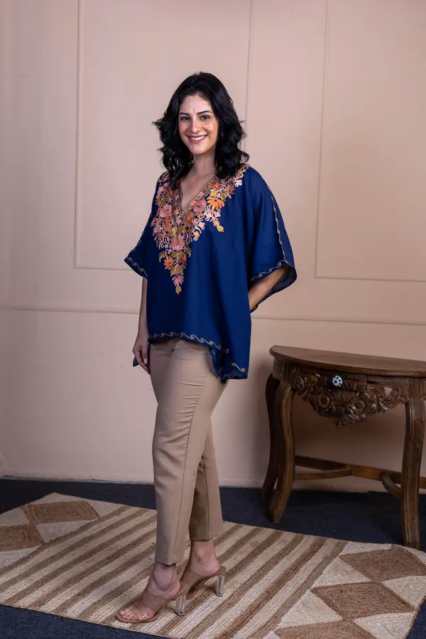 Navy_Blue_Summer_Cool_Kashmiri_Aari_Embroidery_Short_Kaftan_For_Women