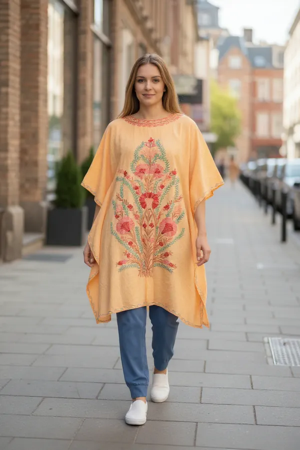 Light_Orange_Summer_Cool_Crushed_Cotton_Kashmiri_Aari_Embroidery_Kaftaan