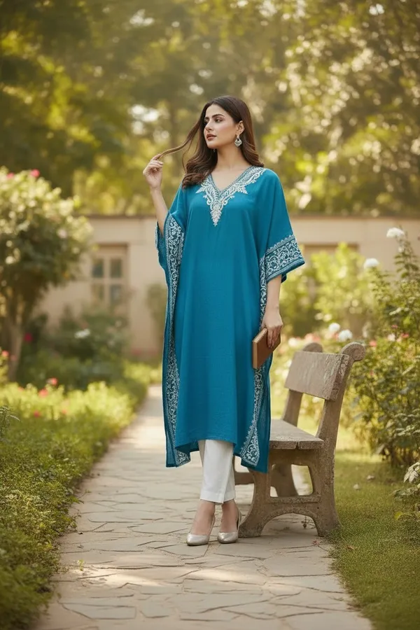 TURQUOISE_LONG_CRUSHED_COTTON_KAFTAAN