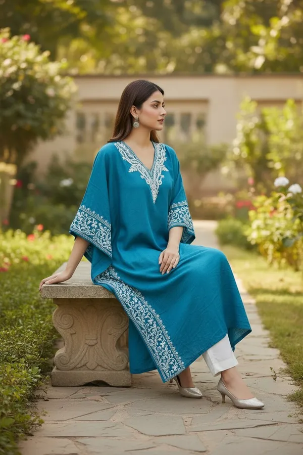 TURQUOISE_LONG_CRUSHED_COTTON_KAFTAAN