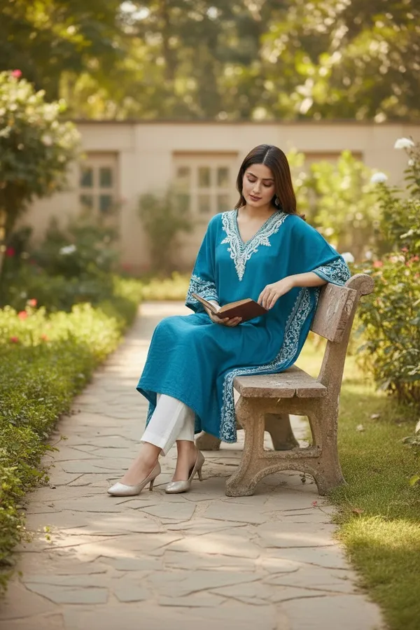 TURQUOISE_LONG_CRUSHED_COTTON_KAFTAAN