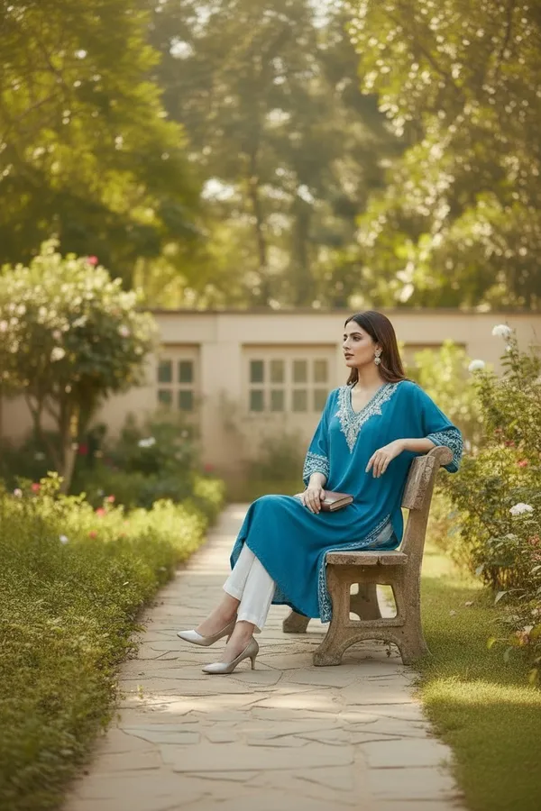 TURQUOISE_LONG_CRUSHED_COTTON_KAFTAAN