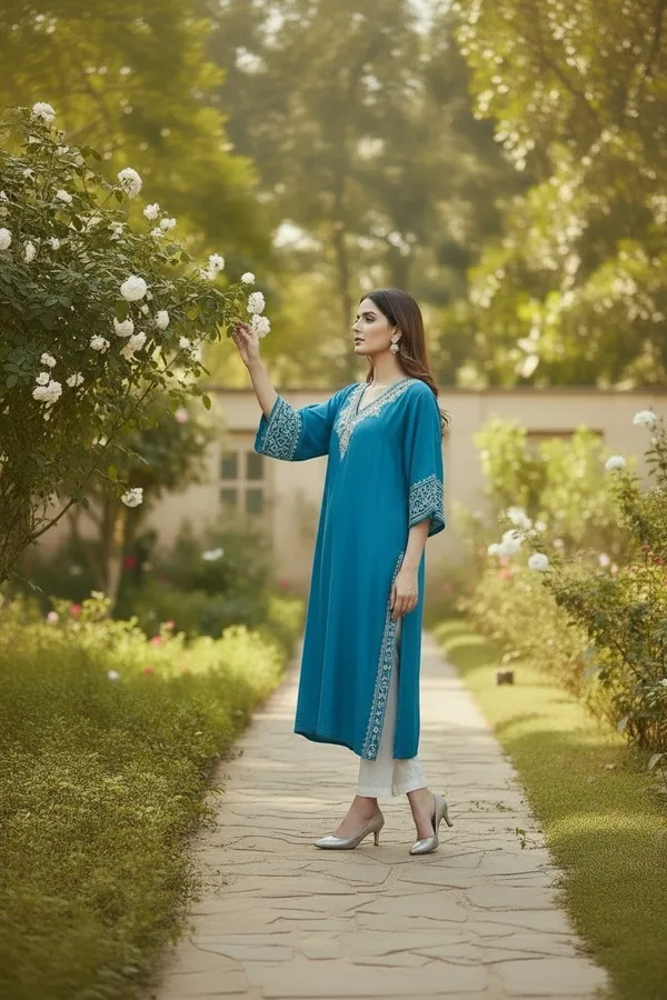 TURQUOISE_LONG_CRUSHED_COTTON_KAFTAAN