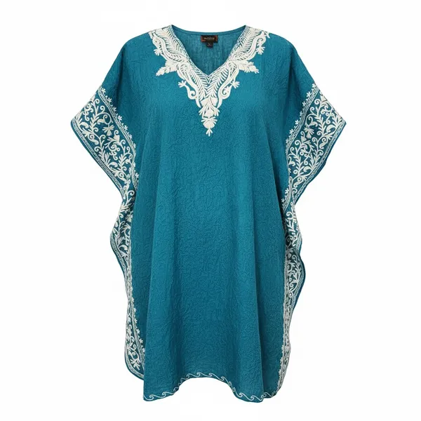 TURQUOISE_LONG_CRUSHED_COTTON_KAFTAAN