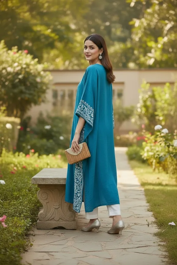 TURQUOISE_LONG_CRUSHED_COTTON_KAFTAAN