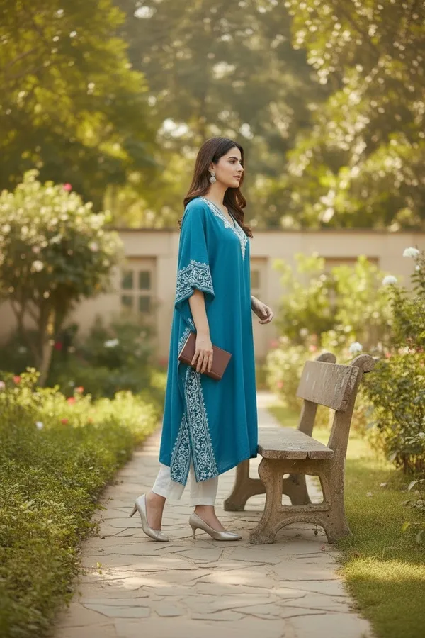 TURQUOISE_LONG_CRUSHED_COTTON_KAFTAAN