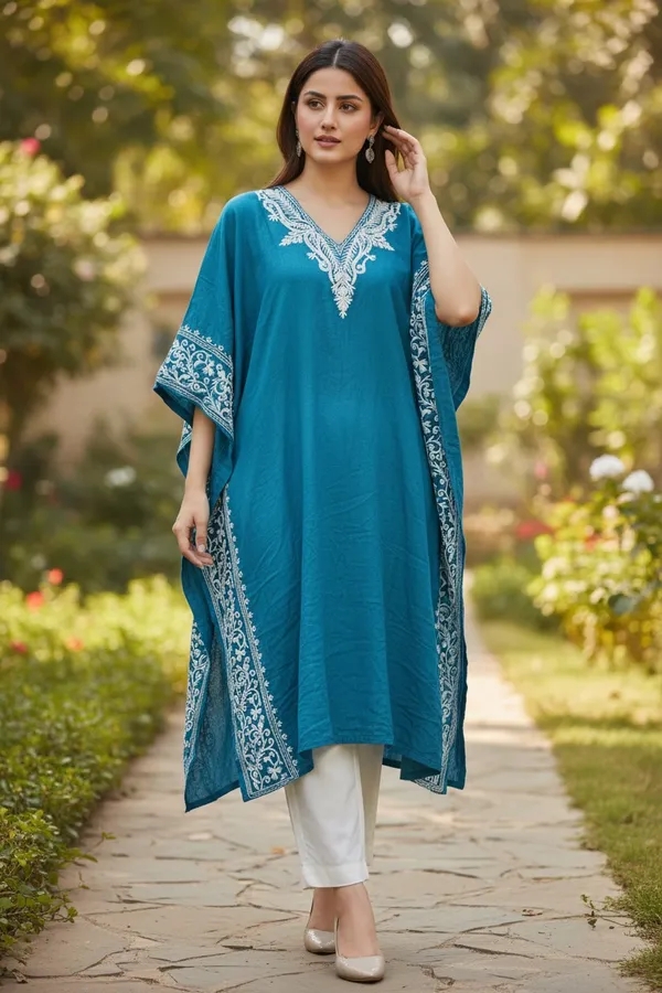 TURQUOISE_LONG_CRUSHED_COTTON_KAFTAAN