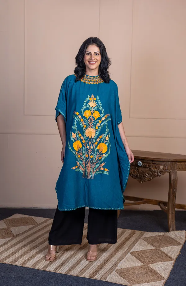 Teal_Summer_Cool_Kashmiri_Aari_Embroidery_Long_Kaftan_For_Women