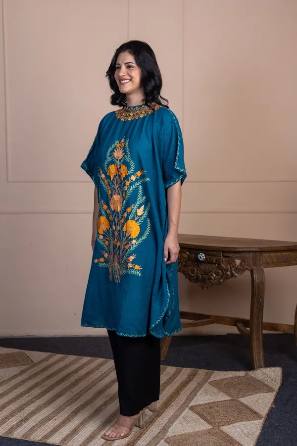 Teal_Summer_Cool_Kashmiri_Aari_Embroidery_Long_Kaftan_For_Women