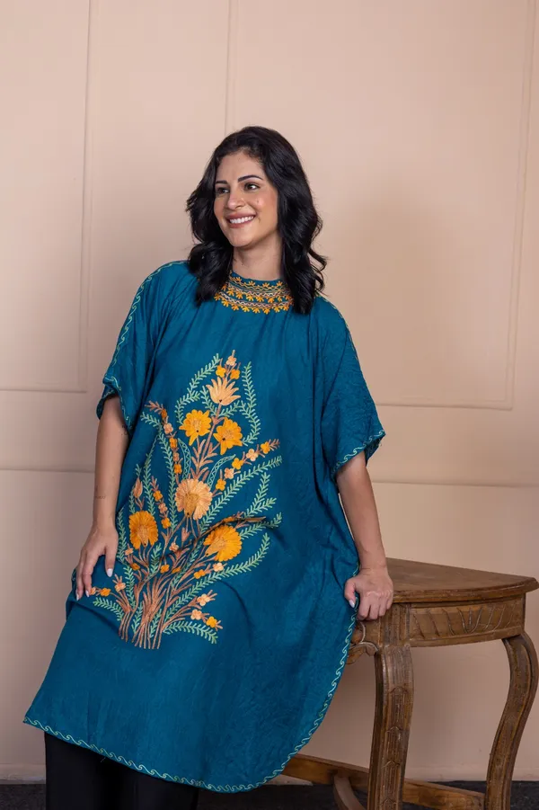 Teal_Summer_Cool_Kashmiri_Aari_Embroidery_Long_Kaftan_For_Women