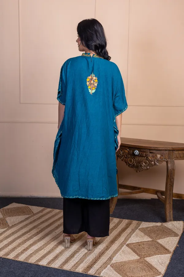 Teal_Summer_Cool_Kashmiri_Aari_Embroidery_Long_Kaftan_For_Women