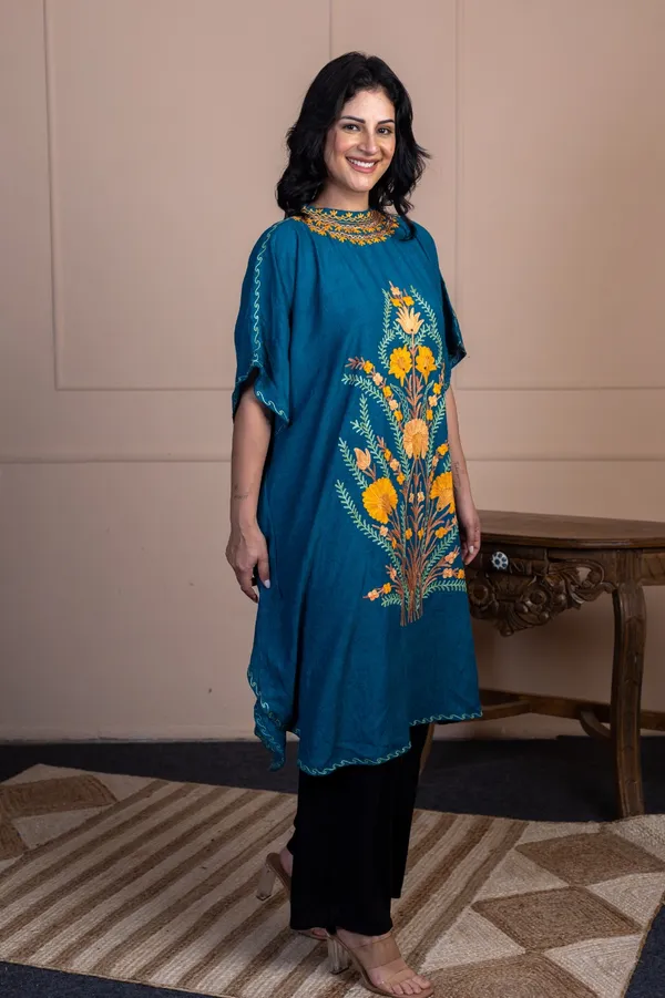 Teal_Summer_Cool_Kashmiri_Aari_Embroidery_Long_Kaftan_For_Women
