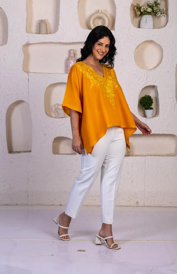 Sunset_Yellow_Summer_Cool_Kashmiri_Aari_Embroidery_Short_Kaftan_For_Women