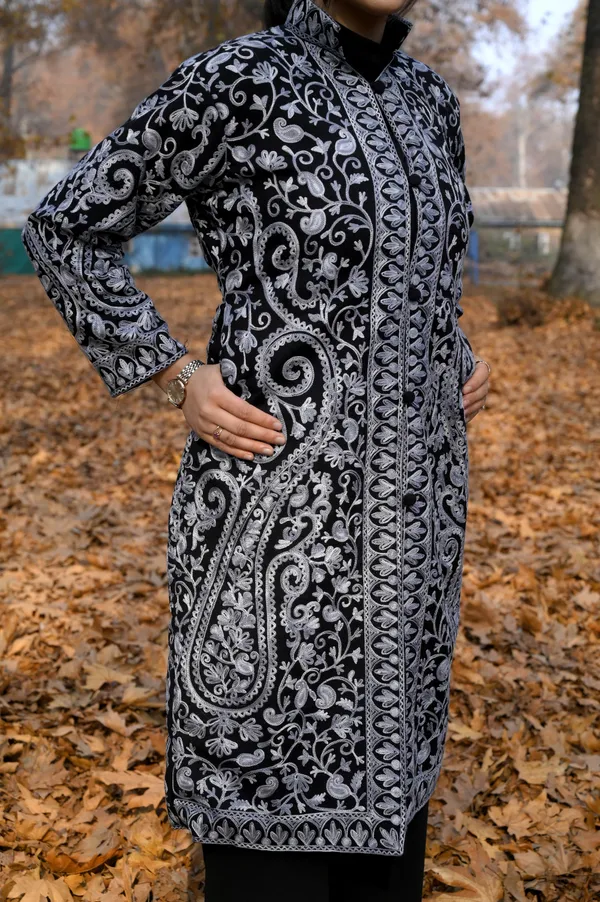 Black_Wool_Kashmiri_Long_Coat_With_Grey_Aari_Embroidery_Long_Coat_For_Women