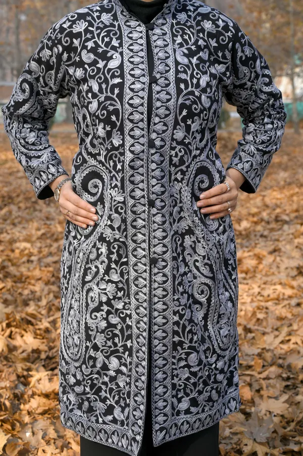 Black_Wool_Kashmiri_Long_Coat_With_Grey_Aari_Embroidery_Long_Coat_For_Women