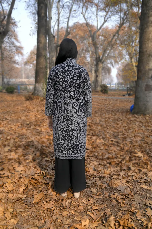 Black_Wool_Kashmiri_Long_Coat_With_Grey_Aari_Embroidery_Long_Coat_For_Women