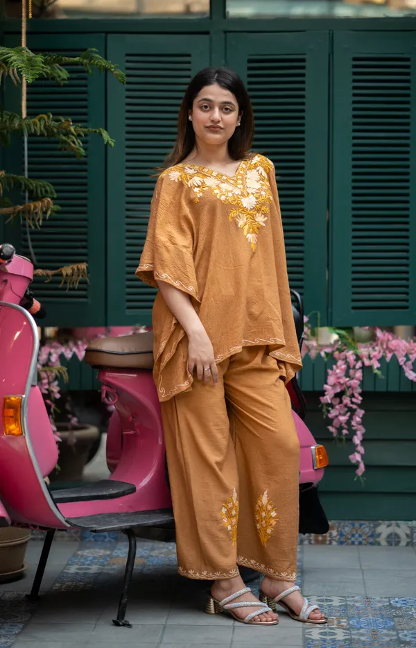 Golden_Brown_Short_Summer_Cool_Kashmiri_Aari_Embroidery_Crushed_Kaftaan_Cord_Set