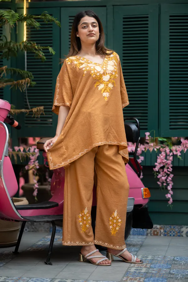 Golden_Brown_Short_Summer_Cool_Kashmiri_Aari_Embroidery_Crushed_Kaftaan_Cord_Set