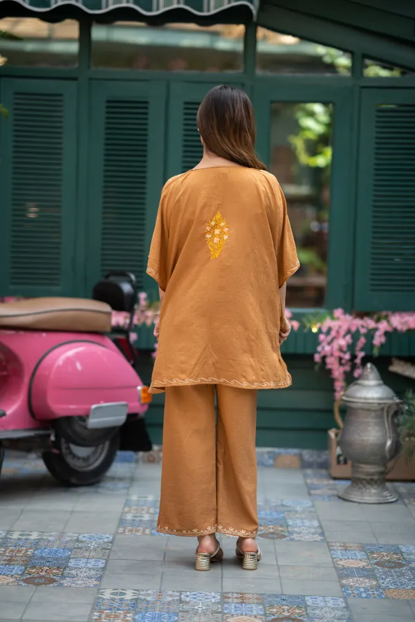 Golden_Brown_Short_Summer_Cool_Kashmiri_Aari_Embroidery_Crushed_Kaftaan_Cord_Set