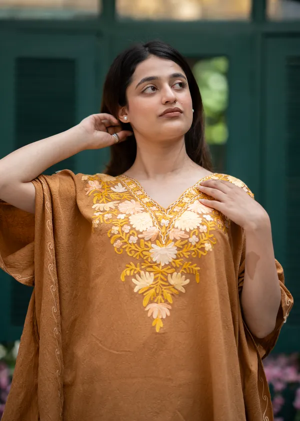 Golden_Brown_Short_Summer_Cool_Kashmiri_Aari_Embroidery_Crushed_Kaftaan_Cord_Set