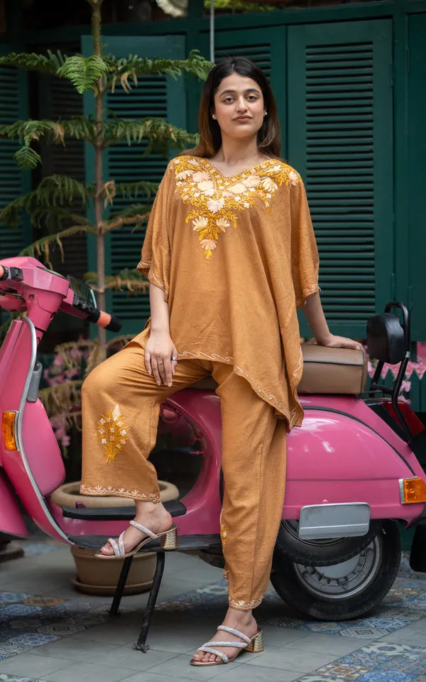 Golden_Brown_Short_Summer_Cool_Kashmiri_Aari_Embroidery_Crushed_Kaftaan_Cord_Set