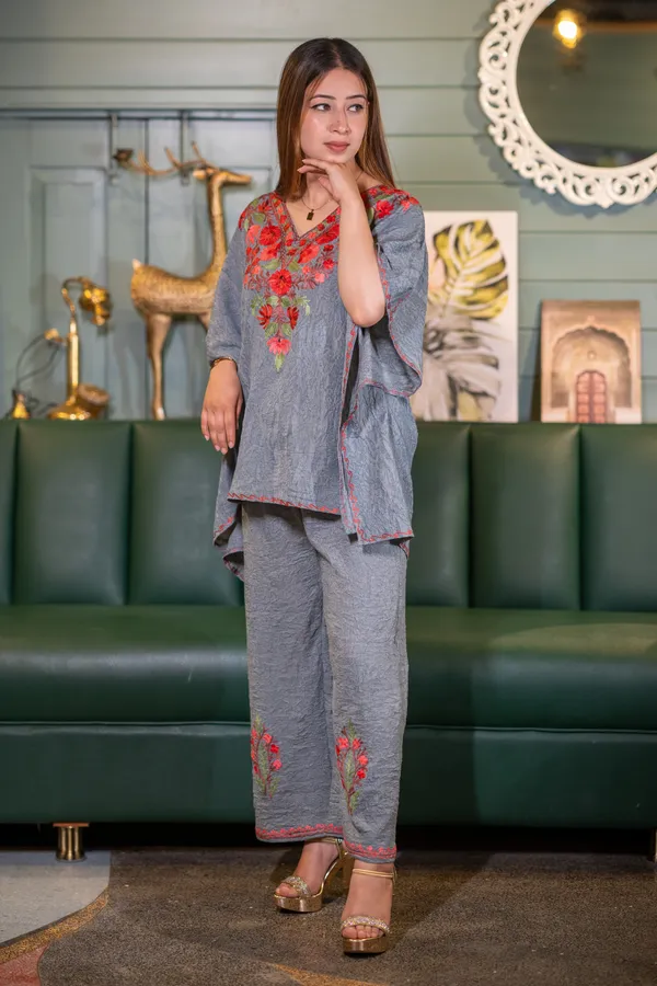Grey_Short_Summer_Cool_Kashmiri_Aari_Embroidery_Crushed_Kaftaan_Cord_Set