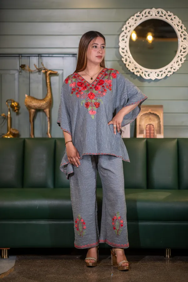 Grey_Short_Summer_Cool_Kashmiri_Aari_Embroidery_Crushed_Kaftaan_Cord_Set