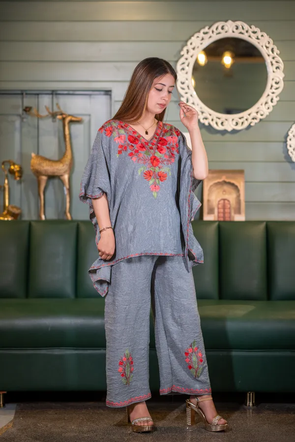 Grey_Short_Summer_Cool_Kashmiri_Aari_Embroidery_Crushed_Kaftaan_Cord_Set