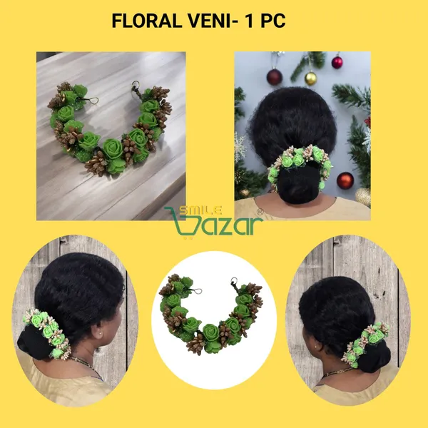 Artificial_Handmade_Floral_Gajra_Garland_Veni_For_Festival_Wedding_Bun_Juda_Accessories_Ethnic_Look_Hair_Tiara_Veni_Hair_Accessory_For_Women_And_Girls_-_Green_-_1_Pc