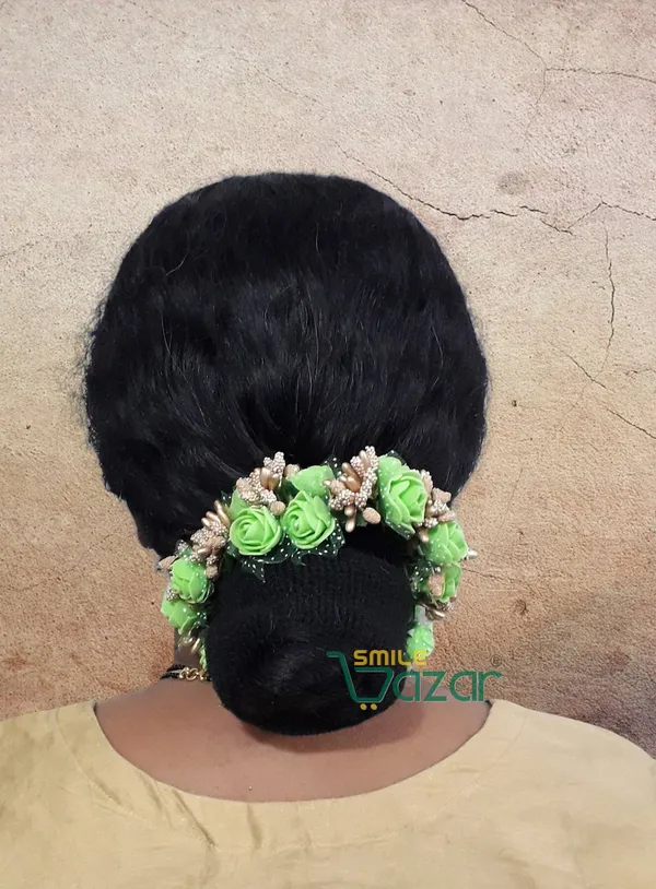 Artificial_Handmade_Floral_Gajra_Garland_Veni_For_Festival_Wedding_Bun_Juda_Accessories_Ethnic_Look_Hair_Tiara_Veni_Hair_Accessory_For_Women_And_Girls_-_Green_-_1_Pc